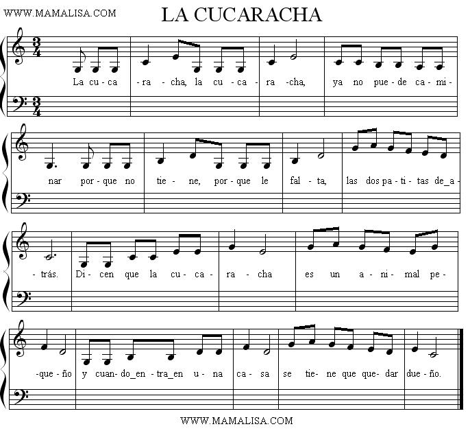 Sheet Music of La Cucaracha Spanish Children's Songs Spain Mama Lisa's