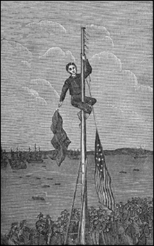 Evacuation Day Illustration of John Van Arsdale Taking Down Flag in Battery Park