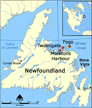 Map of Newfoundland showing Fogo, Twillingate and Moreton's Harbour