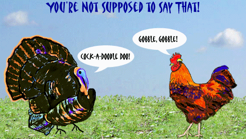 Turkey and Rooster Illustration of Thanksgiving Poem