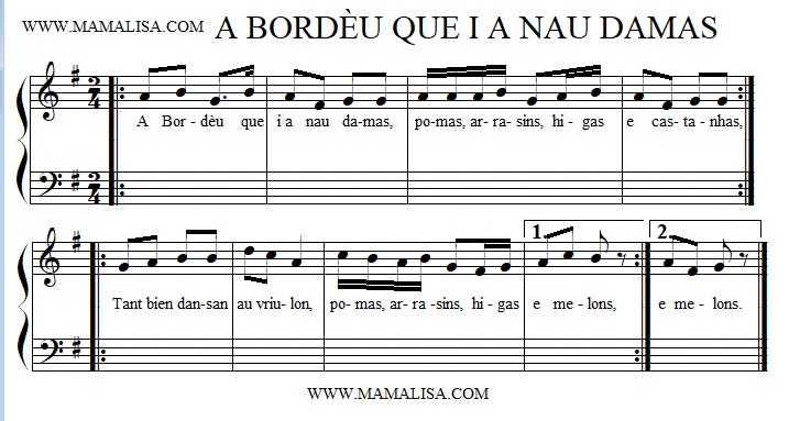 Sheet Music - A Bordèu que i a nau damas