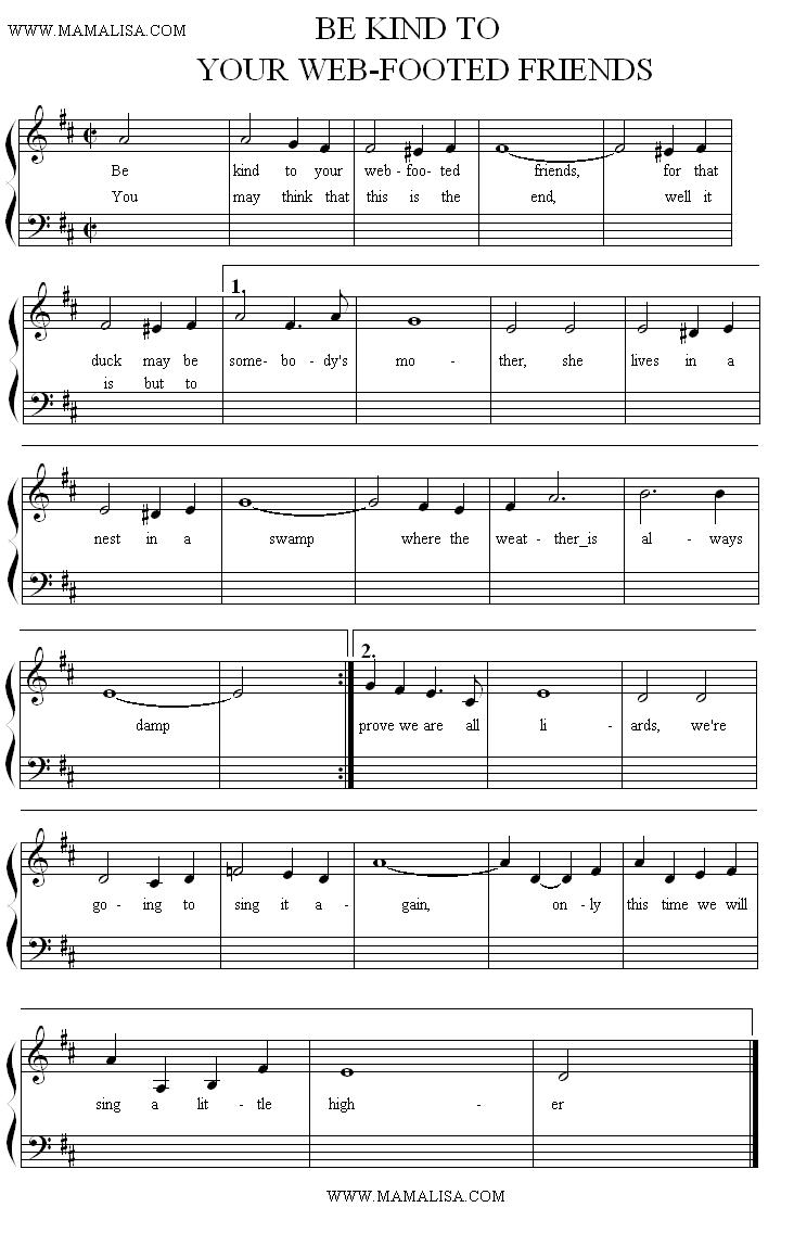 Sheet Music - Be Kind to Your Web-footed Friends