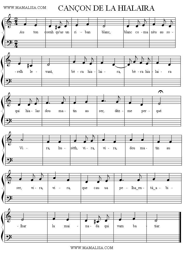 Partition musicale - Cançon de la hialaira - (Au ton coenh)