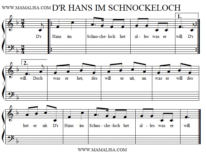 Partition musicale - D'r Hans im Schnòckeloch