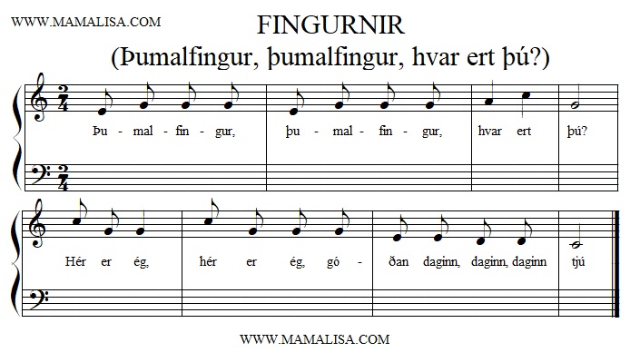 Sheet Music - Þumalfingur, þumalfingur, hvar ert þú?