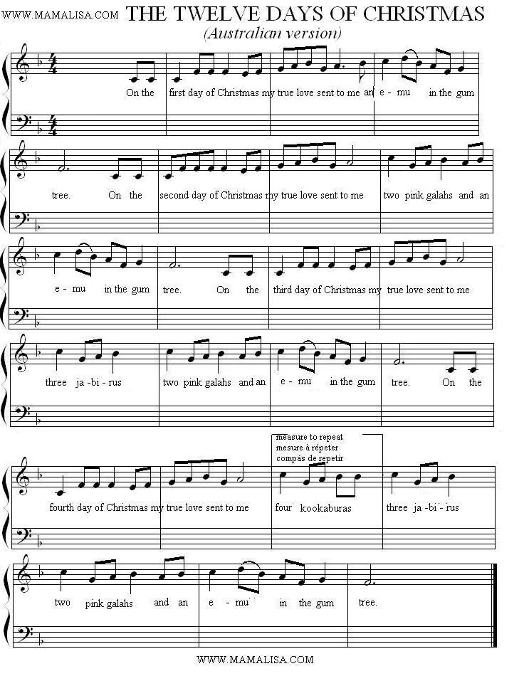 Sheet Music - On the First Day of Christmas (Australian Version)